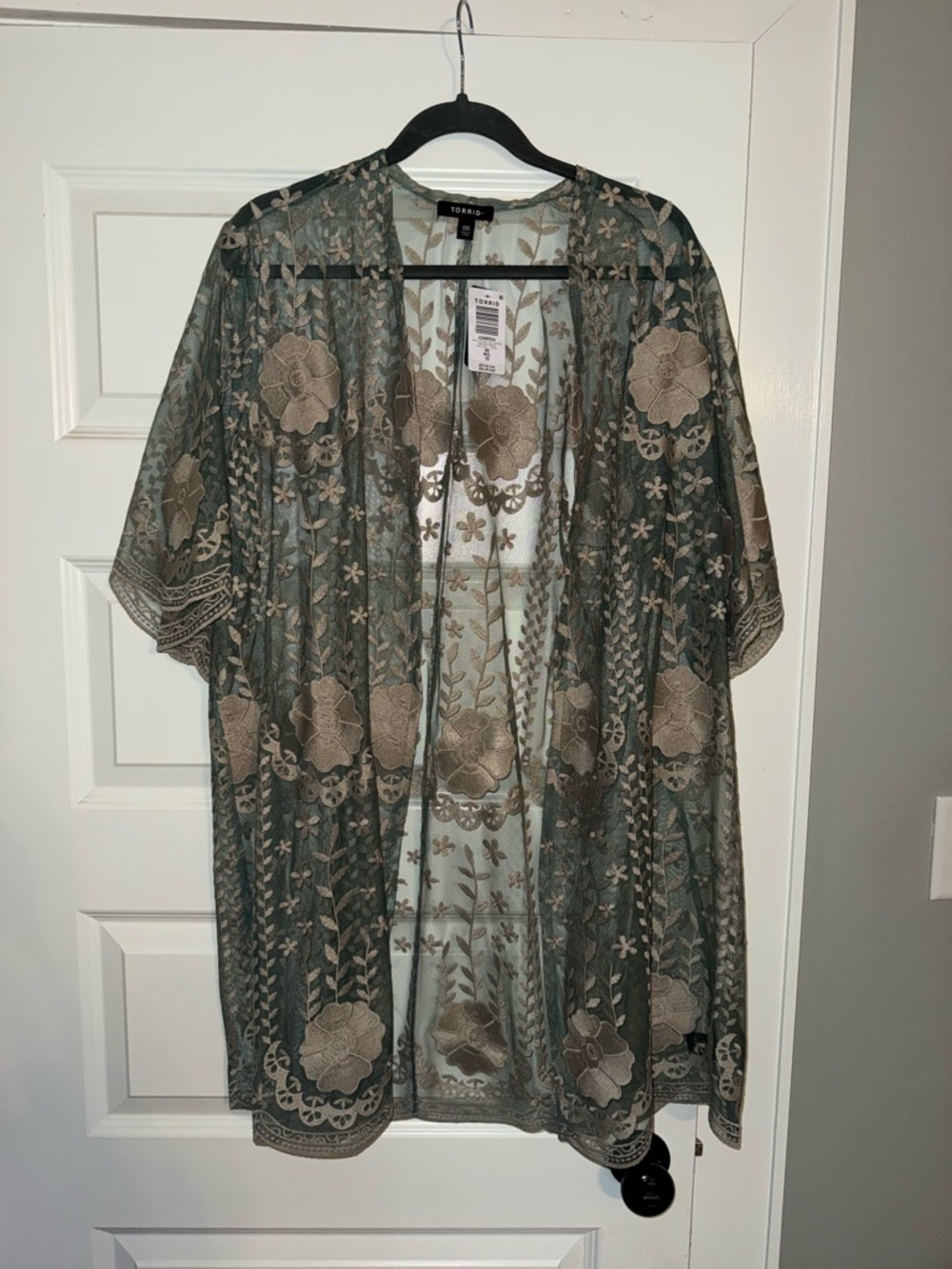 torrid Sheer Floral Embroidered Kimono in Sage and Taupe